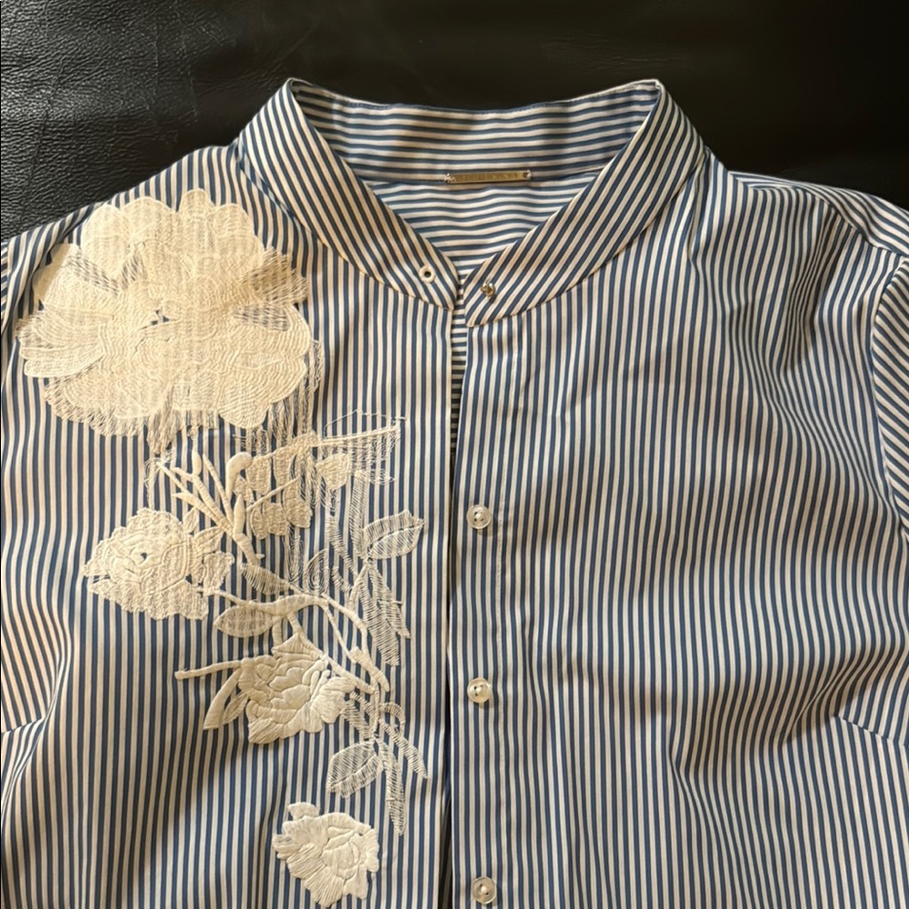 Elie Tahari Blue and White Striped Button Down Shirt